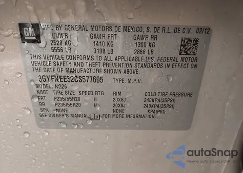 2012 Cadillac Srx Performance Collection z USA, uszkodzony, nr VIN 3GYFNEE32CS577695